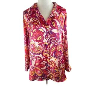 Haver London Womens Large Pink Orange Paisley Button Down Long Sleeve Blouse Top